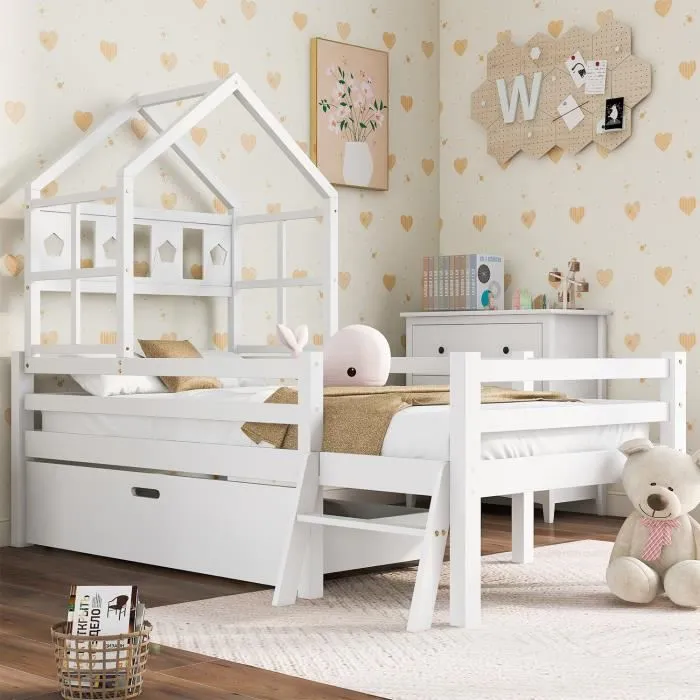 Lit cabane enfant 90x200cm avec échelle et tiroirs, bois massif, Blanc-0