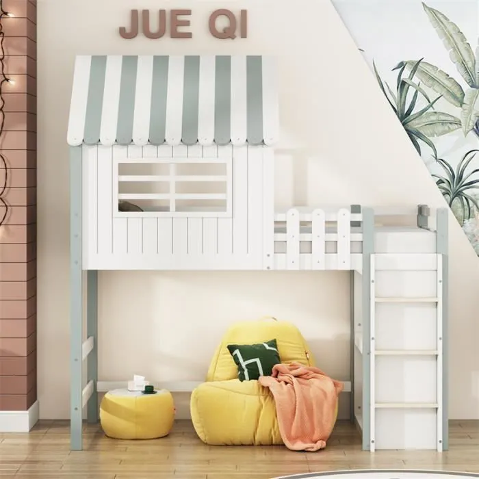 Lit mezzanine enfant90x200cm - forme toit avec échelle et rangement - DREAMMESPACE - Vert-1
