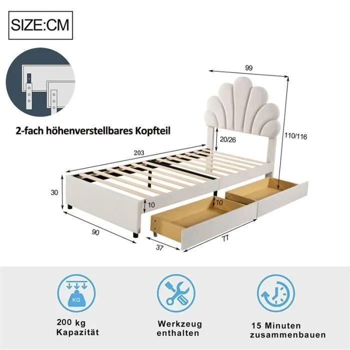 Lit modulaire - DREAMMESPACE - 90x200cm - Tête de lit fleurie - 2 tiroirs - Velours beige-3