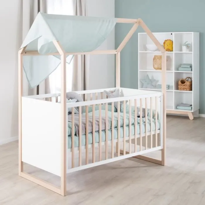 ROBA Lit Bébé Cabane 70 x 140 cm - Convertible + Réglable en Hauteur - Lit Évolutif avec 3 Barreaux Amovibles - Bois Naturel - Blanc-1