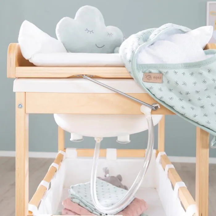 ROBA Table à Langer avec Baignoire Baby Pool en Bois Naturel + Matelas à Langer Hydrofuge et Étagères en tissu - Plan Pivotable-4