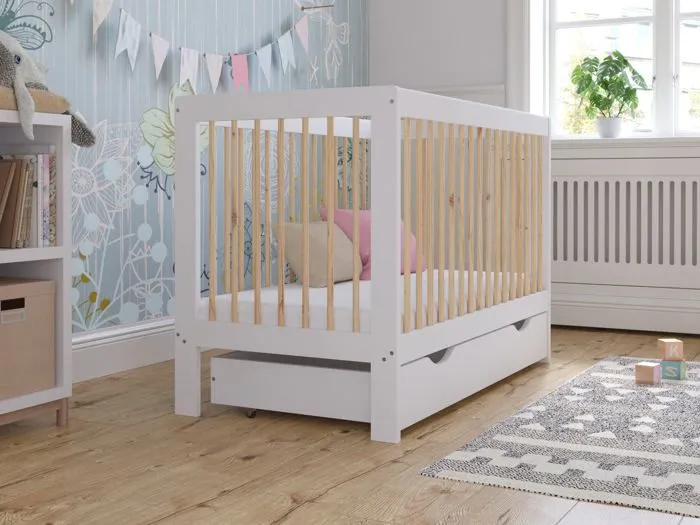 Lit Bebe Evolutif avec tiroir en Bois Pin Blanc 120x60cm, Transformable en Un Canapé-lit avec Une Barrière de Sécurité-5