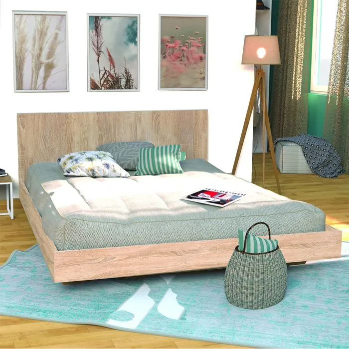 Lit LOFT 140x190 cm + sommier + tête de lit / Chêne blanchi-1