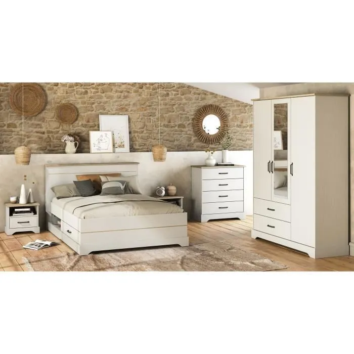 Lit adulte COTTAGE 160x200 cm - Mélamine blanc et décor chêne Kronberg - 2 Tiroirs - L 173,8 x P 215,1 x H 102,2 cm - DEMEYERE-1