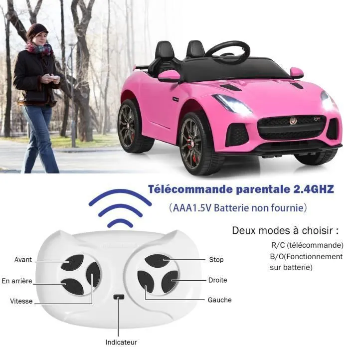 Jaguar Voiture Électrique 12V/4,5 pour Enfants 3-8 Ans, Télécommande 2.4G, 3-5 km/h,2 Moteur, MP3, USB, TF, Récit Rose-2