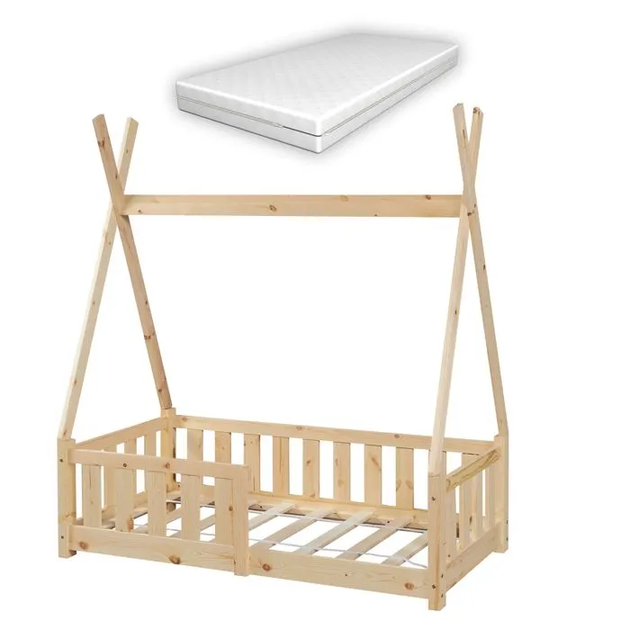 Lit Tipi avec Matelas Orthopédique Helsingborg naturel 140 x 70 cm-1
