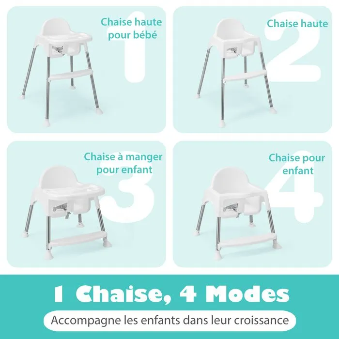 Chaise Haute Bébé 4-en-1 COSTWAY-Plateau Double Amovible Lavable à 2 Positions-Harnais de Sécurité à 3 Points 6-36 Mois-15 kg-Blanc-1