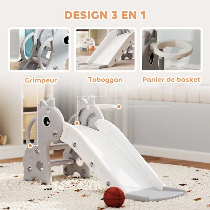 Toboggan pour enfants - AIYAPLAY - 3 en 1 - en forme de girafe - panier de basket, escalade et ballon - 106 x 51,5 x 52 cm - gris-4