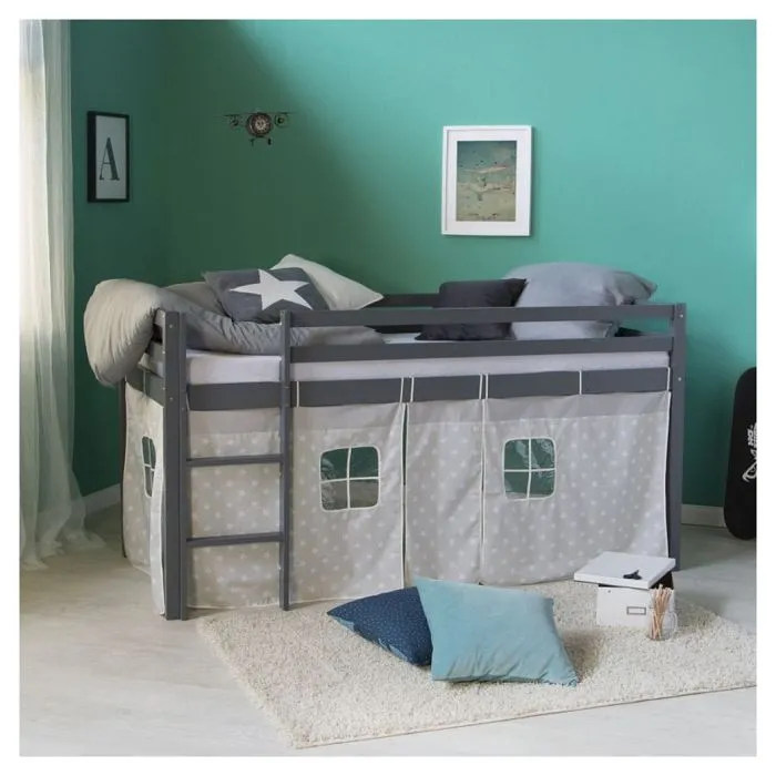 Lit mi-haut - HomeStyle4U - 90x200 cm - Gris - Échelle réversible - Rideau étoilé inclus-2