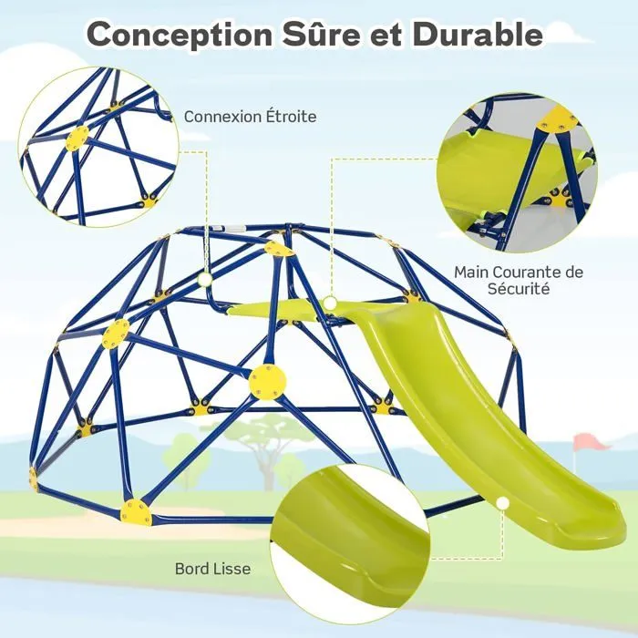 COSTWAY Dôme d'escalade avec Toboggan 241,5 x 183 x 91,5 CM, Cadre en Métal Robuste, Jouet Extérieure pour Enfants 3-10 Ans Jaune-5