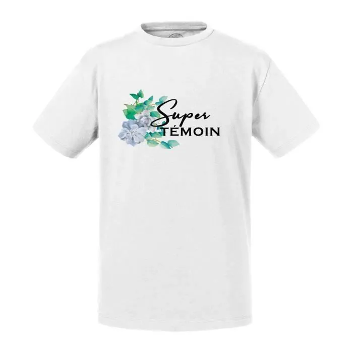 T-shirt Enfant Blanc Super Témoin Mariage Mariée Fleurs Bleues-0