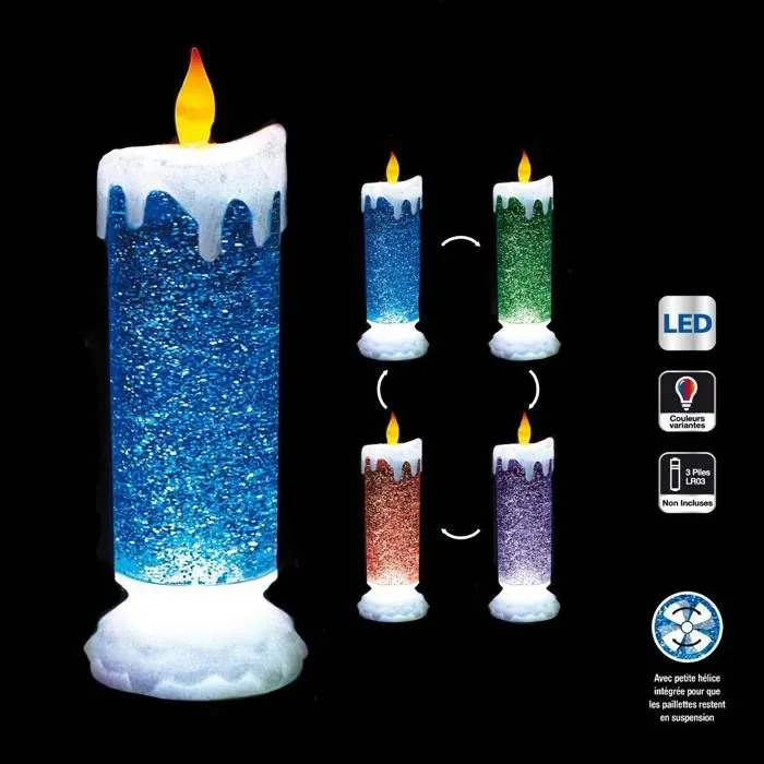 Bougie LED - FEERIC LIGHT & CHRISTMAS - Chandelle Pailletée - 24 cm - Couleurs Variées - Intérieur-0
