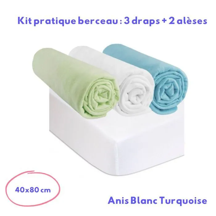 Kit pratique de linge de lit bebe : 3 draps housse 40x80 multicouleur + 2 alèses, protèges matelas 40x80 berceau bebe 100% coton-0