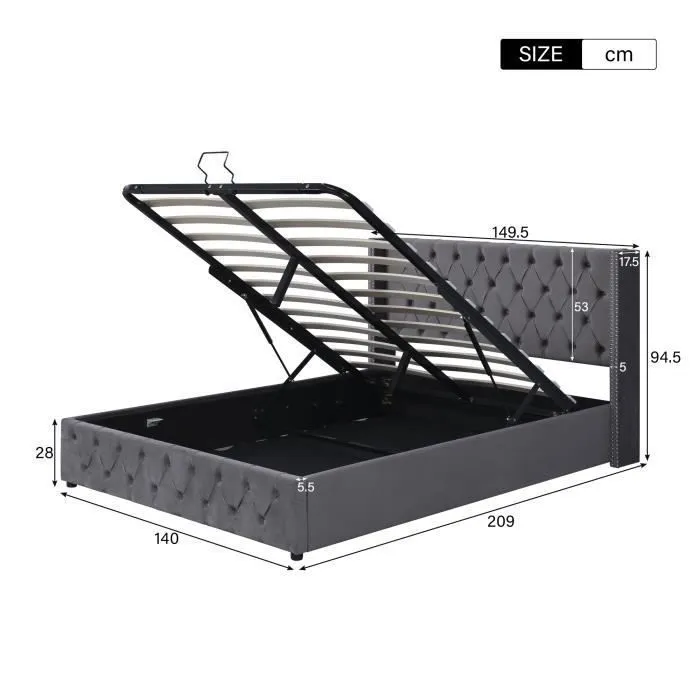 Lit coffre double 140x200 cm, lit capitonné en velours avec sommier, gris-3
