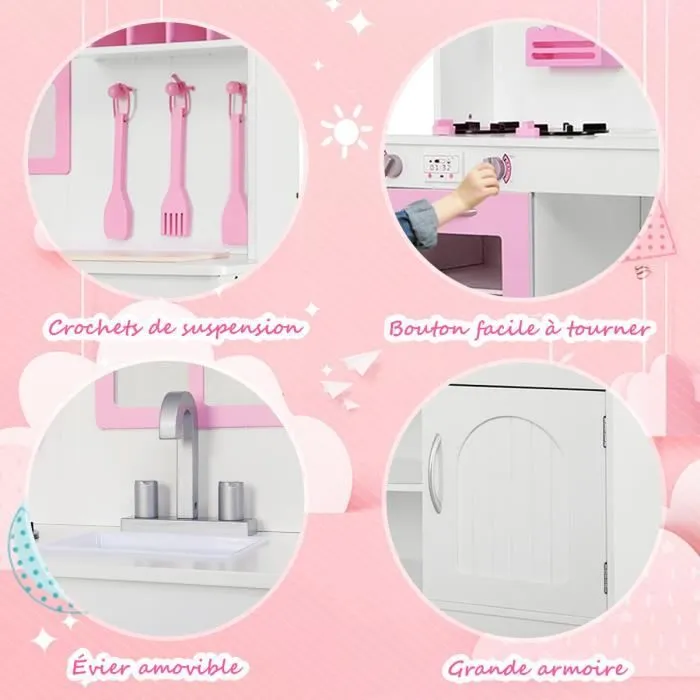 COSTWAY Cuisine Enfants Dinette en Bois avec Evier, Four, Micro-ondes,Cuisinières, 3 Spatules, 109 x 32 x 106,5 cm Rose-2