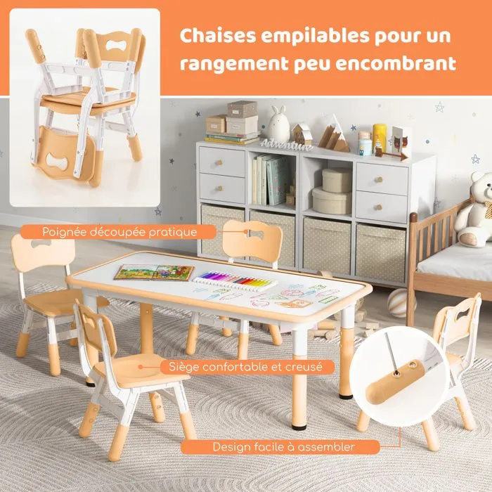 COSTWAY Table Enfant et 4 Chaises Réglables en Hauteur avec Plateau Graffiti, Pieds Antidérapants, pour Maison, Garderie, École-1