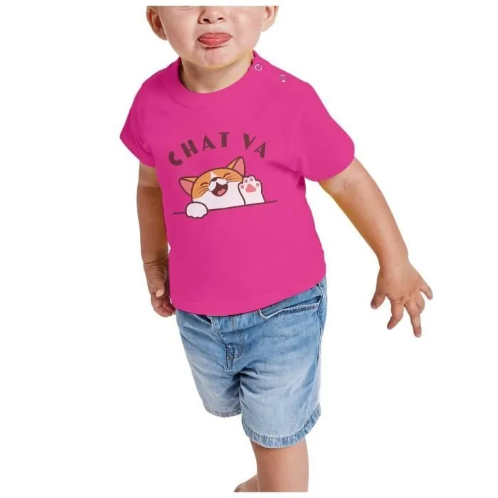 T-shirt Bébé Manche Courte Rose Chat va Chaton Humour Jeu de mot Dessin-1