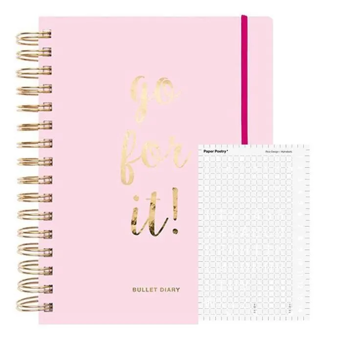 Agenda Bullet journal rose à spirales 96 feuilles + Pochoir flèches et formes-0