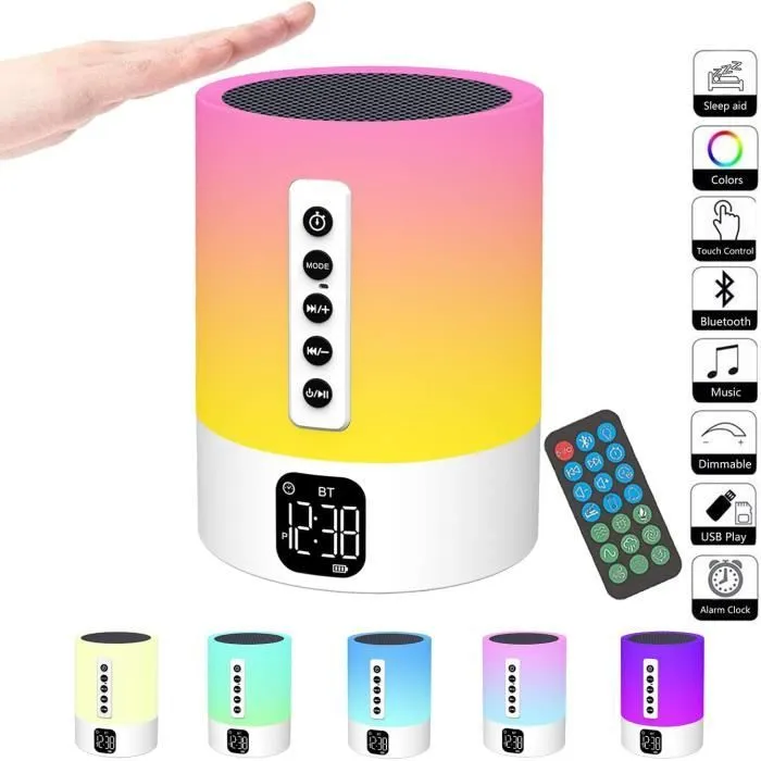 Enceinte Bluetooth Reveil Veilleuse avec Lampe de Chevet Tactile, Haut-Parleur Bluetooth Veilleuse Enfant Réveil Lumineux Idee-0