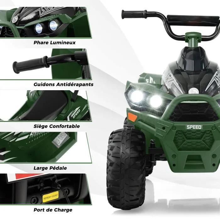 COSTWAY Quad Electrique pour Enfants 12V7Ah, LED, Musique, Klaxon, Roues Larges, pour Enfants 3 à 8 ans, 96 x 58 x 70 cm, Vert-1