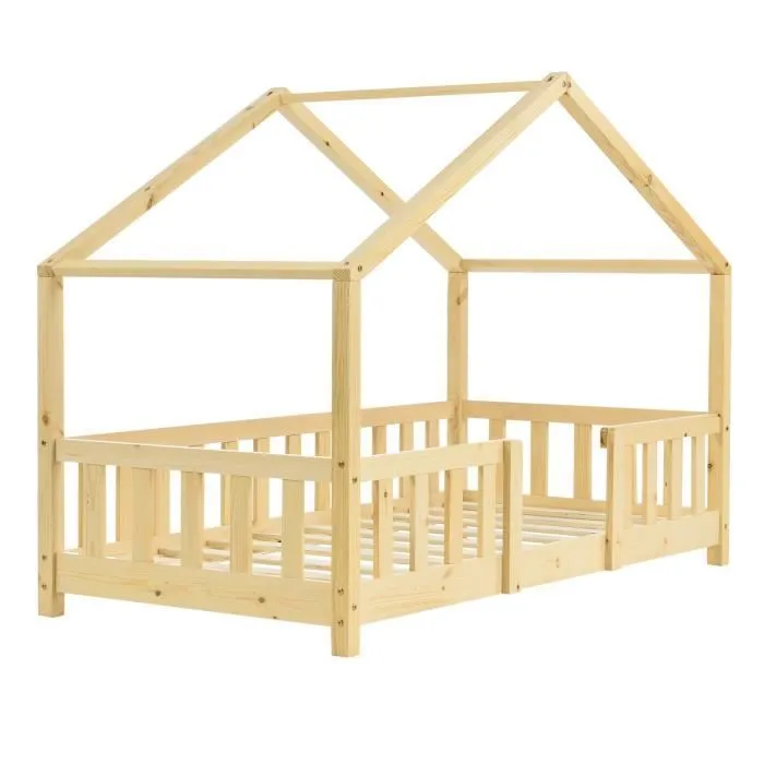 Lit d'Enfant Forme Maison avec Grille de Protection Treviolo 160 x 80 cm Bois Naturel-3