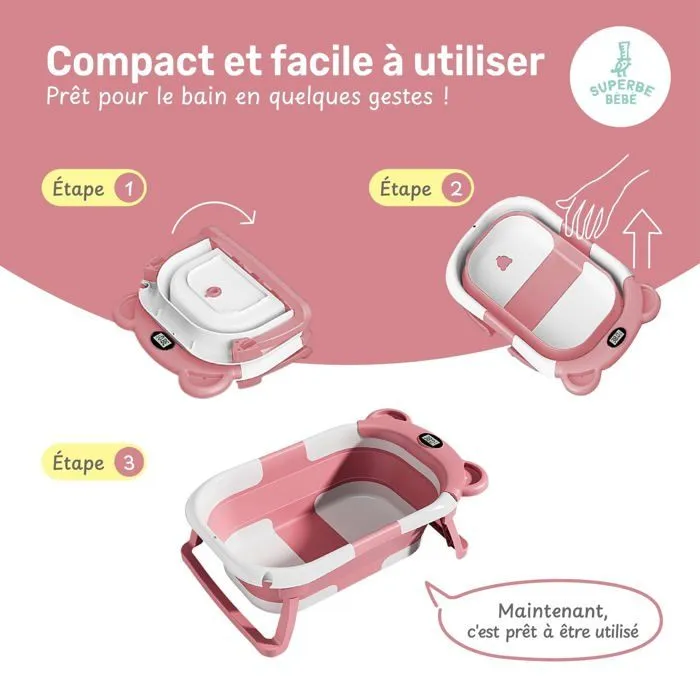 Baignoire bébé pliable - Thermomètre et coussin inclus - BEAR - Pink | SUPERBE BEBE-2