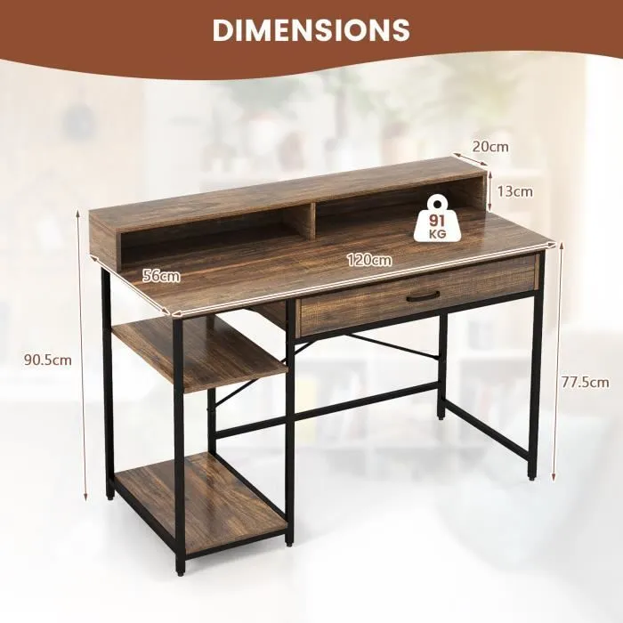 COSTWAY Grand Bureau - Support d’Écran pour 2 PC, Style Industriel 120 x 56 x 90,5 CM, 2 Tiroirs, 2 Etagères Marron-3