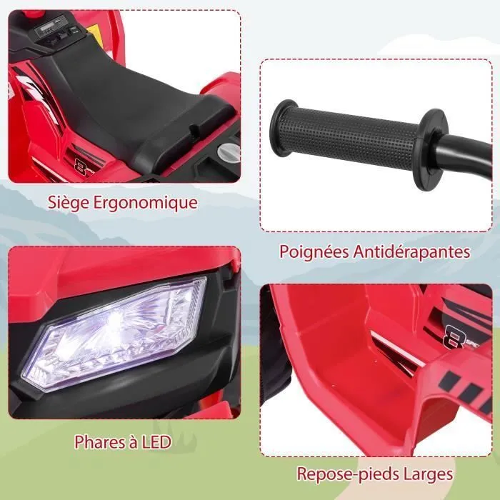 COSTWAY Quad Électrique 24V pour Enfants, avec LED, Musique, Radio, Démarrage en Douceur, pour Différents Terrains, 3 à 8 Ans, Rouge-3