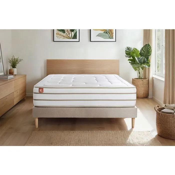 Pack matelas LE DOUILLET 140x190cm Mémoire de forme BioVisco + sommier kit Beige + 2 oreillers + couette-1