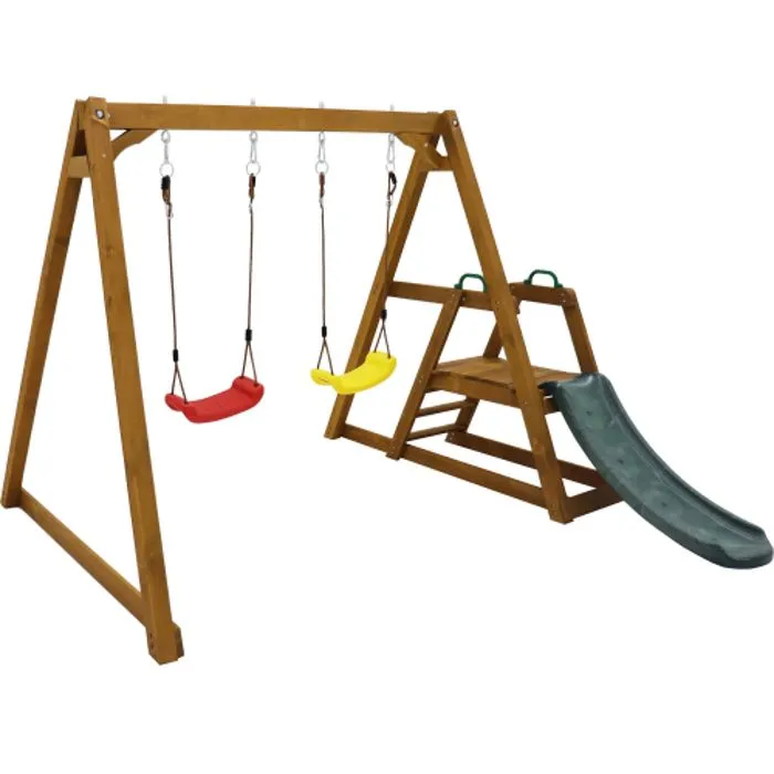 Balançoire robuste avec toboggan et échelle, cadre de balançoire en bois massif, 238,5x240x168,9 cm-3
