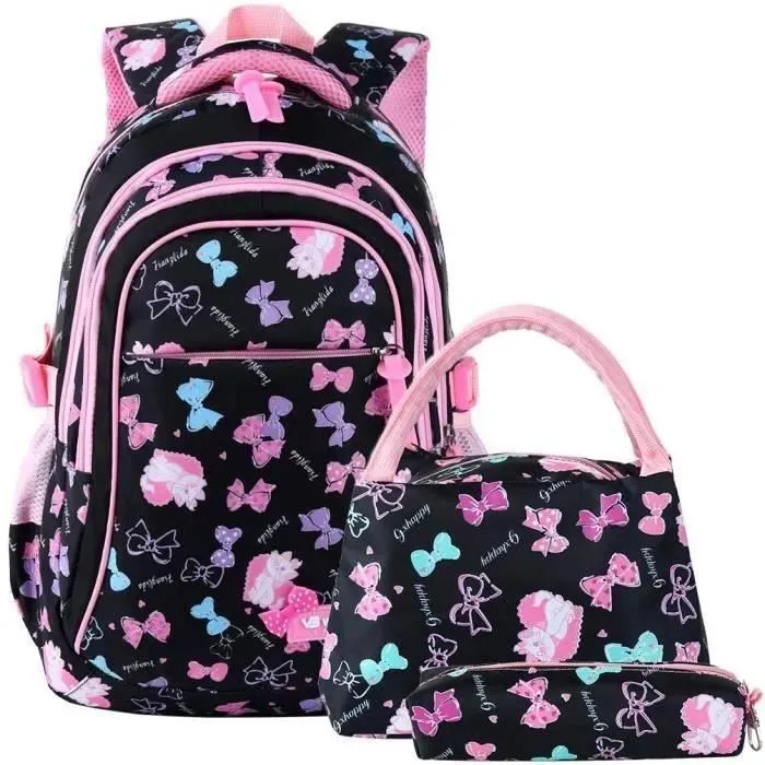 Cartable Fille Primaire 3 en 1 - FOLAYA - Nylon Imperméable - Noir-0