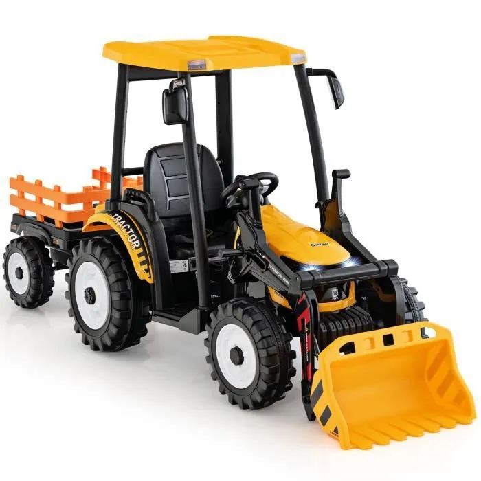 COSTWAY 12V-10Ah Tracteur Électrique Enfants - Pelle & Remorque Amovible - Télécommande 2.4G - Musique - 3-8 Ans - Jaune-0