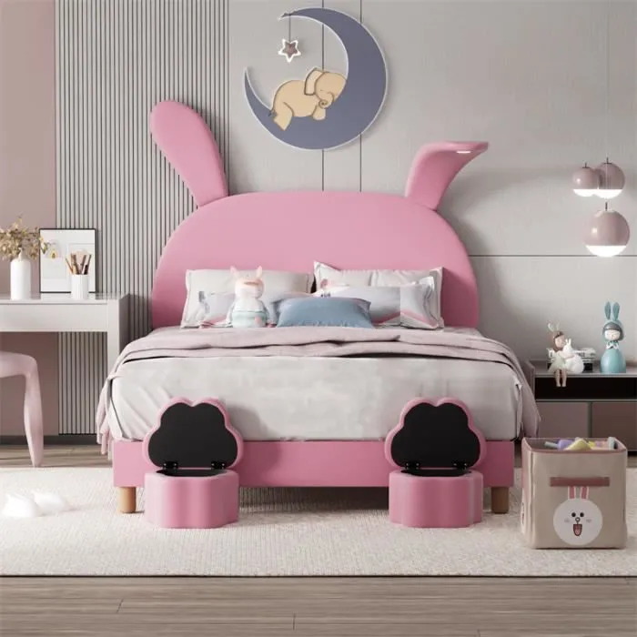 Lit 140x200cm - DREAMMESPACE - Oreilles de lapin - Lampe - Velours rose-0