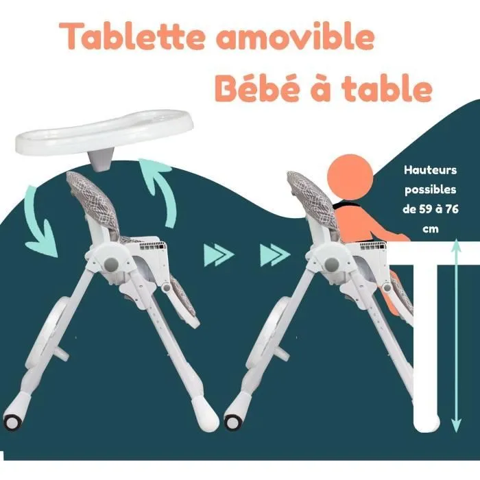 Chaise haute multipositions - BAMBISOL - Inclinable - Jusqu'à 3 ans - Beige / Blanc-3