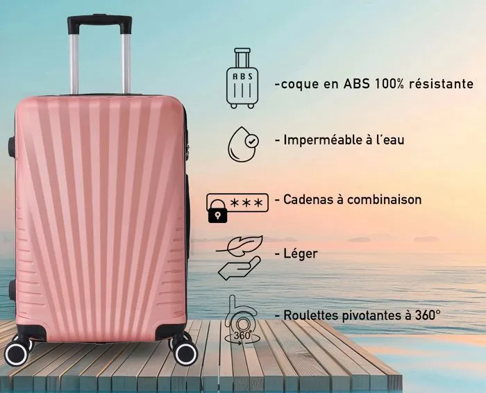 Valise Moyenne - TROLLEY ADC - 65x40x25cm - Coque Rigide ABS - 4 Roues 360° - Serrure à Combinaison - Rose-2