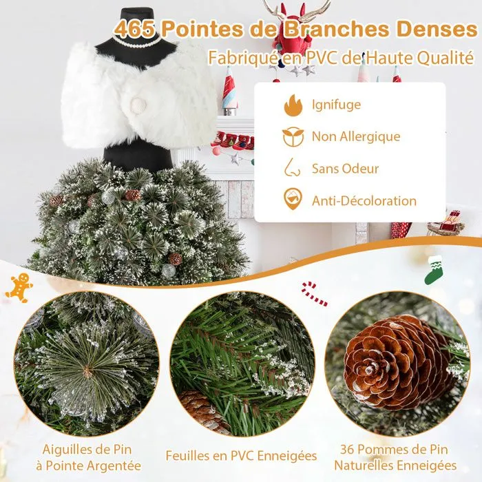 Sapin de Noël Artificiel 150 cm COSTWAY-Châle Blanc,Broche et Collier-Design Jupe de Mannequin-50 Boules LED, 36 Pommes de Pin-2