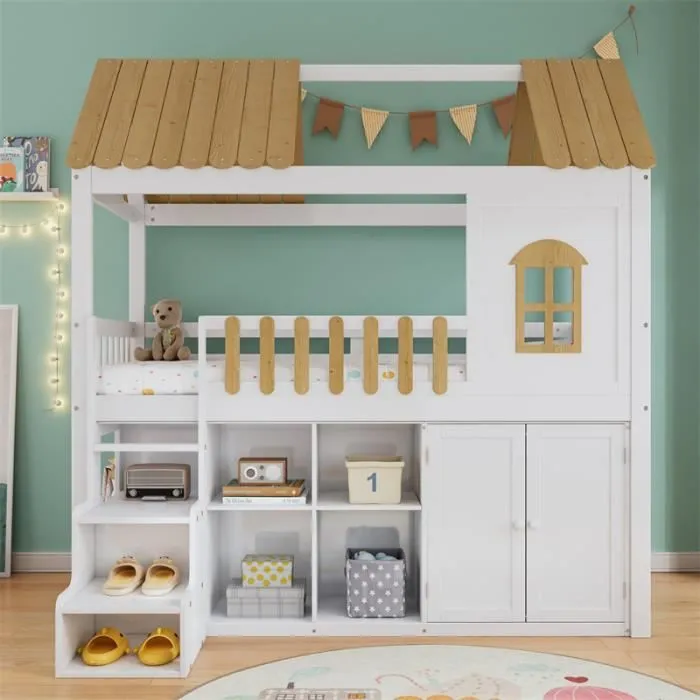 Lit superposé - Enfant - 90x200cm - Bois - Blanc + Naturel - Avec rangement et fenêtre-0