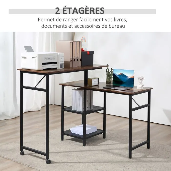 Bureau informatique - HOMCOM - Design industriel modulable - 2 étagères - Aspect vieux bois métal noir-5