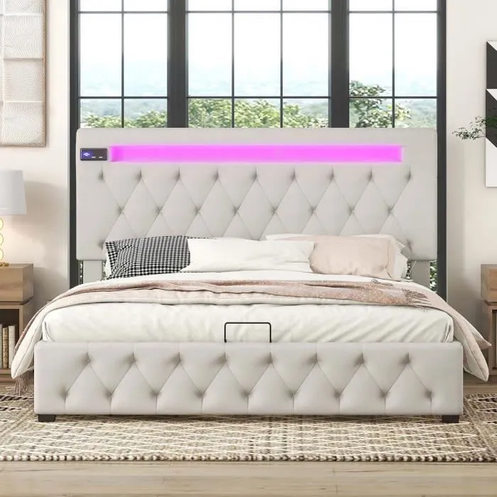 Lit coffre adulte à LED, ports USB et lecteur Bluetooth, sommier à lattes, tête de lit réglable, tissu en lin, beige - 140x200 cm-1