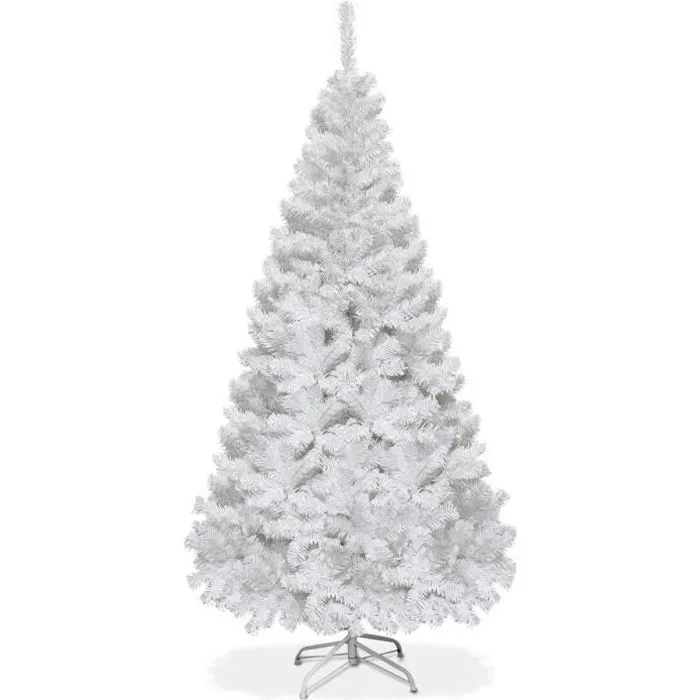 COSTWAY Sapin de Noël Artificiel 180cm Aiguilles en PVC Arbre en Epicéa avec Support en Métal pour Maison, Magasins Hôtels Blanc-0