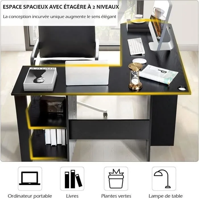 COSTWAY Bureau d'Angle en Forme de L - L 130 x P 130 x H 72,5 CM - Étagères - Panneaux de Particules - Contemporain - Noir-1