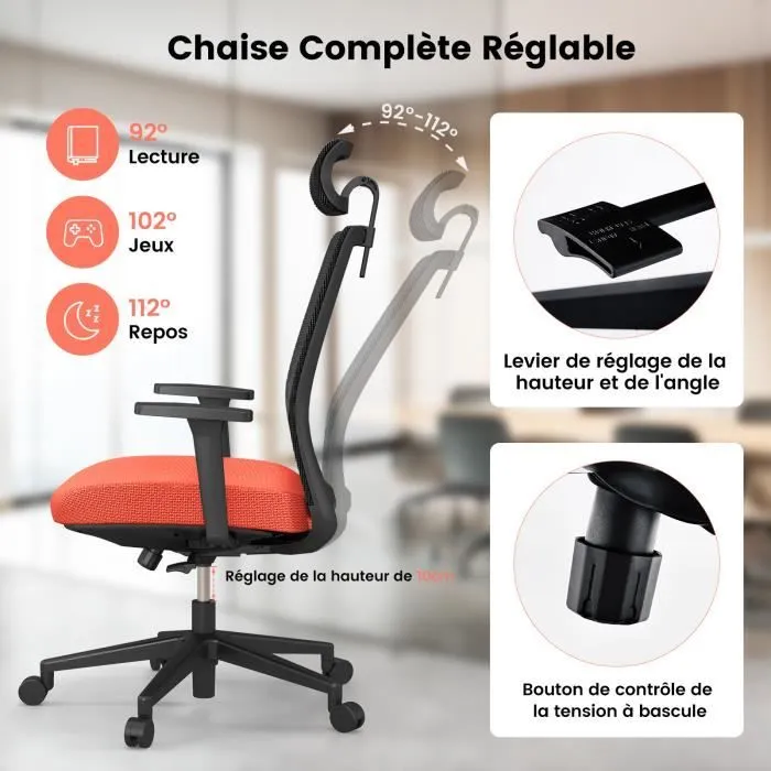 COSTWAY Fauteuil de Bureau Ergonomique, Hauteur d'assise Réglable 36-46 cm, avec Soutien Lombaire, Appui-Tête 3D, Charge Max. 180kg-2