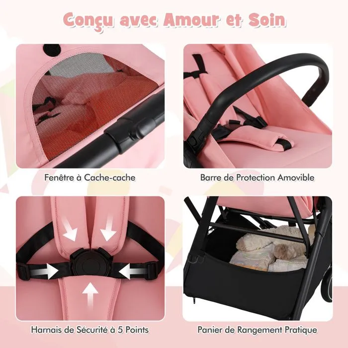 COSTWAY Poussette Compacte Pliant à une Main Dossier Incliné 100°-145° et Auvent Repose-pieds Réglables Structure en Aluminium Rose-2