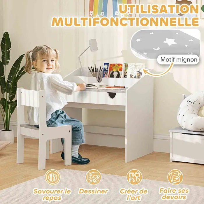 Ensemble Bureau et chaise pour enfants - AIYAPLAY - rangement - tiroir coulissant - 3-6 ans - motif étoilé - Gris-4