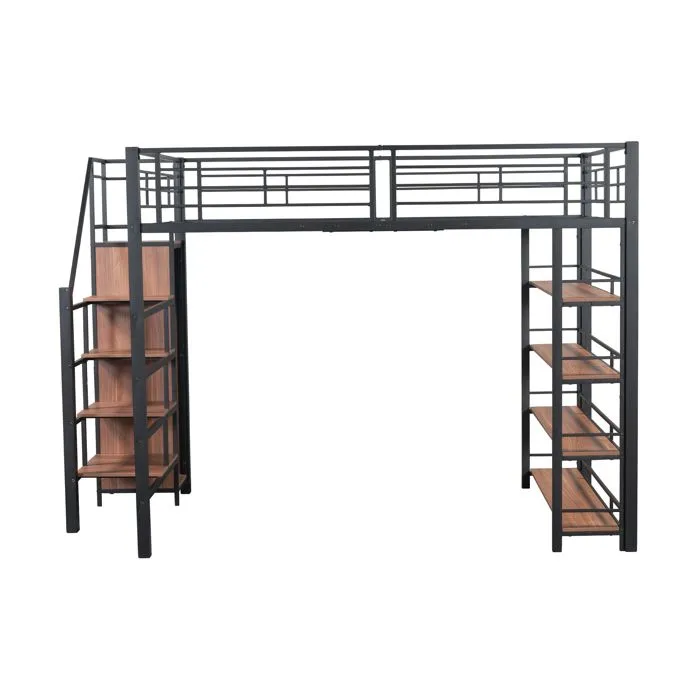 Lit mezzanine - Noir - 140x200cm - Escalier de sécurité - Espace de rangement - 1 place-1