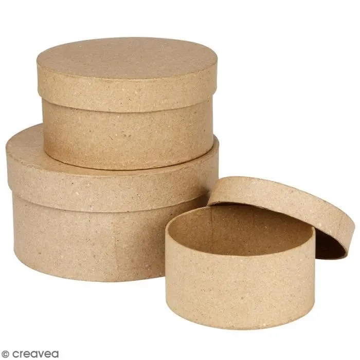 Boîtes gigognes rondes - KRAFT - 10 à 16 cm - Papier mâché - Beige - Lot de 3-0