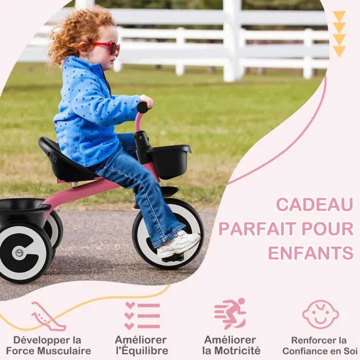 COSTWAY Tricycle pour Enfant avec Pédale, Siège Réglable, Paniers de Rangement, Fer Carbone Robuste, 4 Roues EVA, 1,5 à 5 Ans, Rose-5