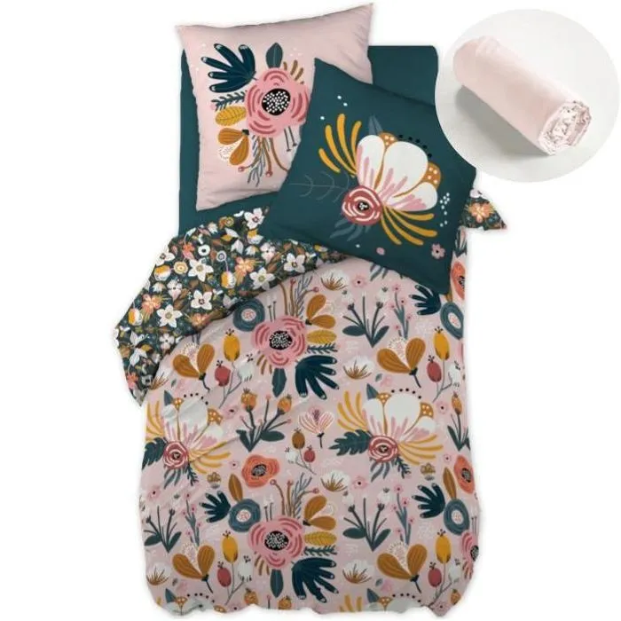 Pack housse de couette 140x200 cm Champetre + drap housse 90x190 Rose-0
