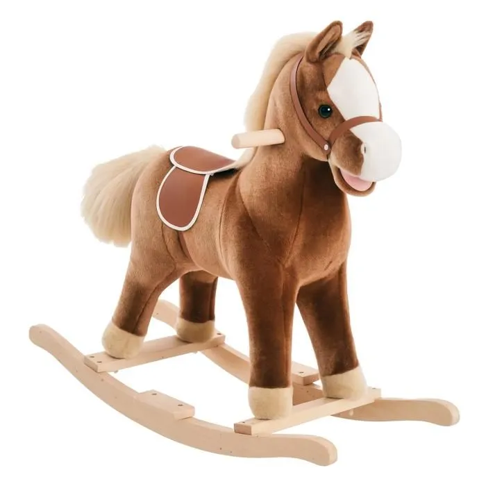 Cheval à bascule cheval de cowboy selle grand confort peluche courte douce bois peuplier brun blanc-0