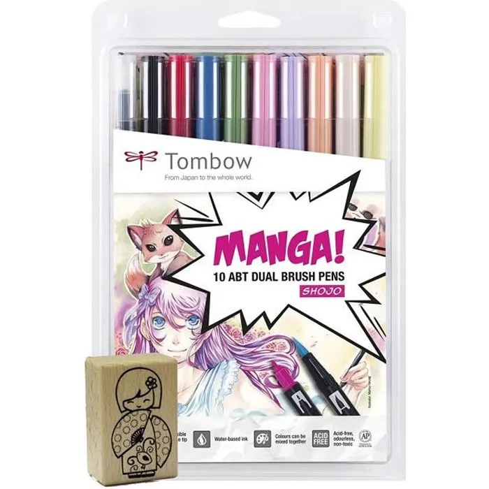 Tombow ABT-10C-MANGA2-ST Kit Manga Shojo : 10 feutres pinceaux à deux pointes + tampon manga - 4003198101043-0